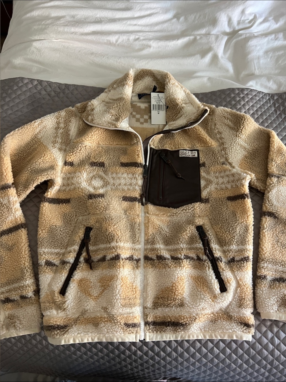 Polo by Ralph Lauren Brown Leather-Trim Sherpa Jacket - Picture 1 of 4
